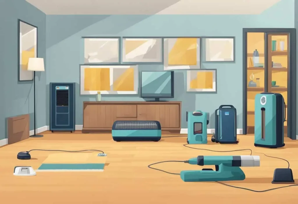 How Long for Carpet to Dry After Cleaning? 5 Carpet laid out flat, air movers and dehumidifiers running, with a clock showing time passing.