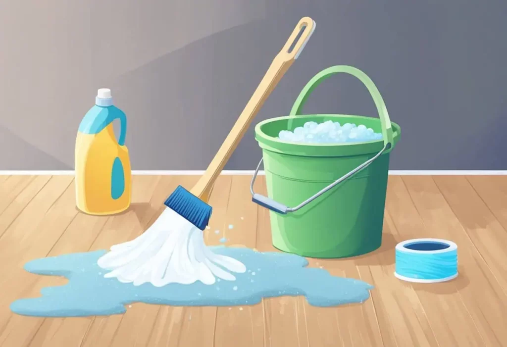 A bucket filled with soapy water and a scrub brush next to a stained carpet. A bottle of homemade carpet cleaner sits nearby