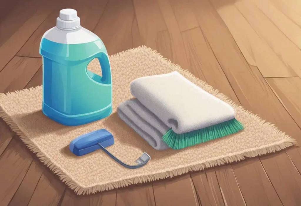 A bottle of homemade carpet cleaner sits next to a stained carpet, with a scrub brush and a towel nearby.