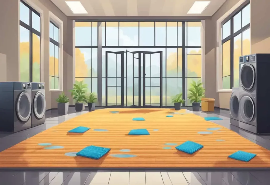 How Long for Carpet to Dry After Cleaning? 4 A wet carpet laid out to dry after cleaning, with fans and open windows for ventilation.