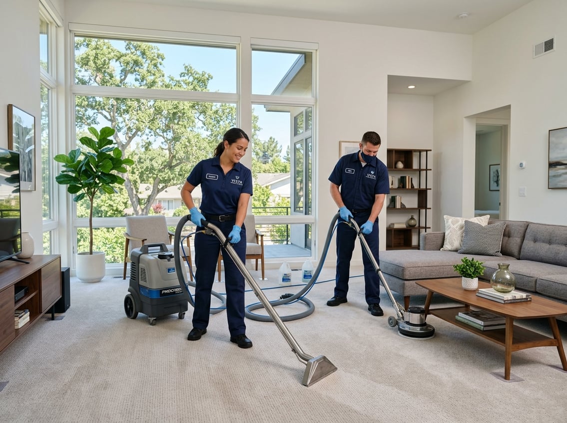 Two professional carpet cleaners using machines to clean a carpet in a bright, modern living room with large windows and contemporary furniture.