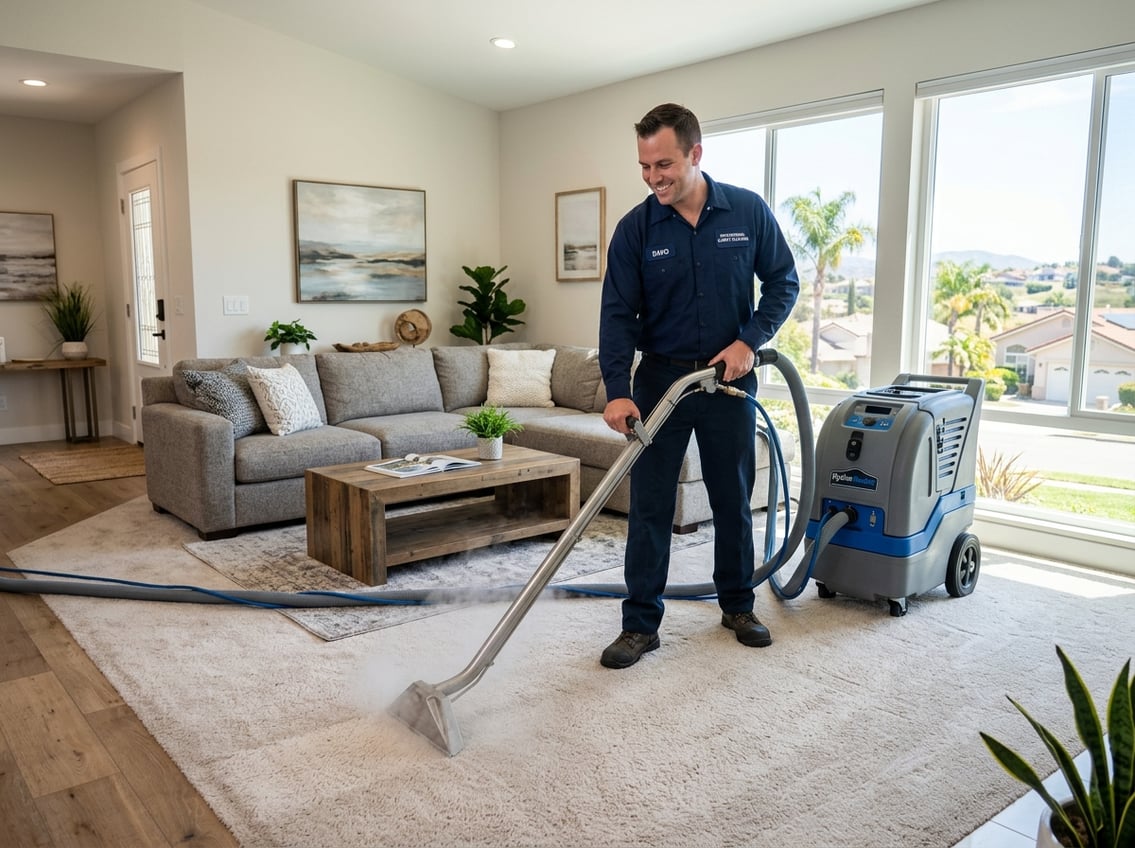 A professional carpet cleaner using equipment to clean a carpet in a bright living room.