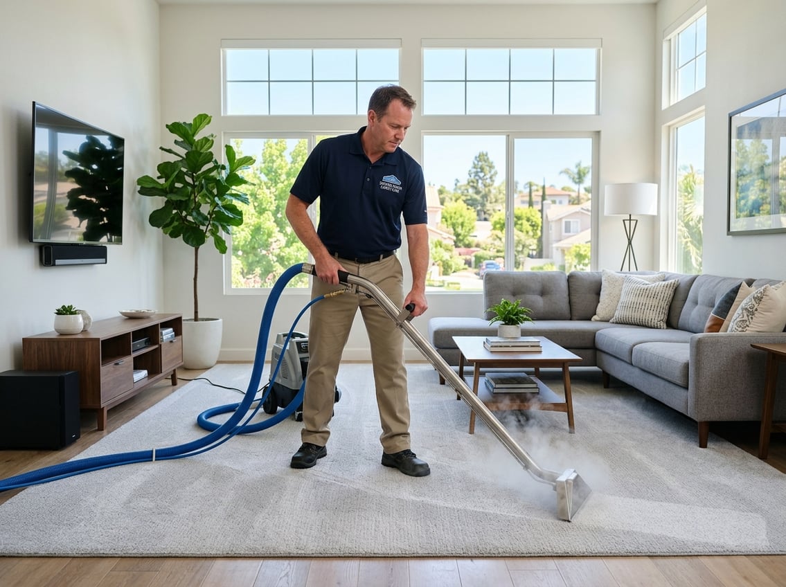 A professional carpet cleaner cleaning a carpet in a bright living room with large windows showing a suburban neighborhood outside.