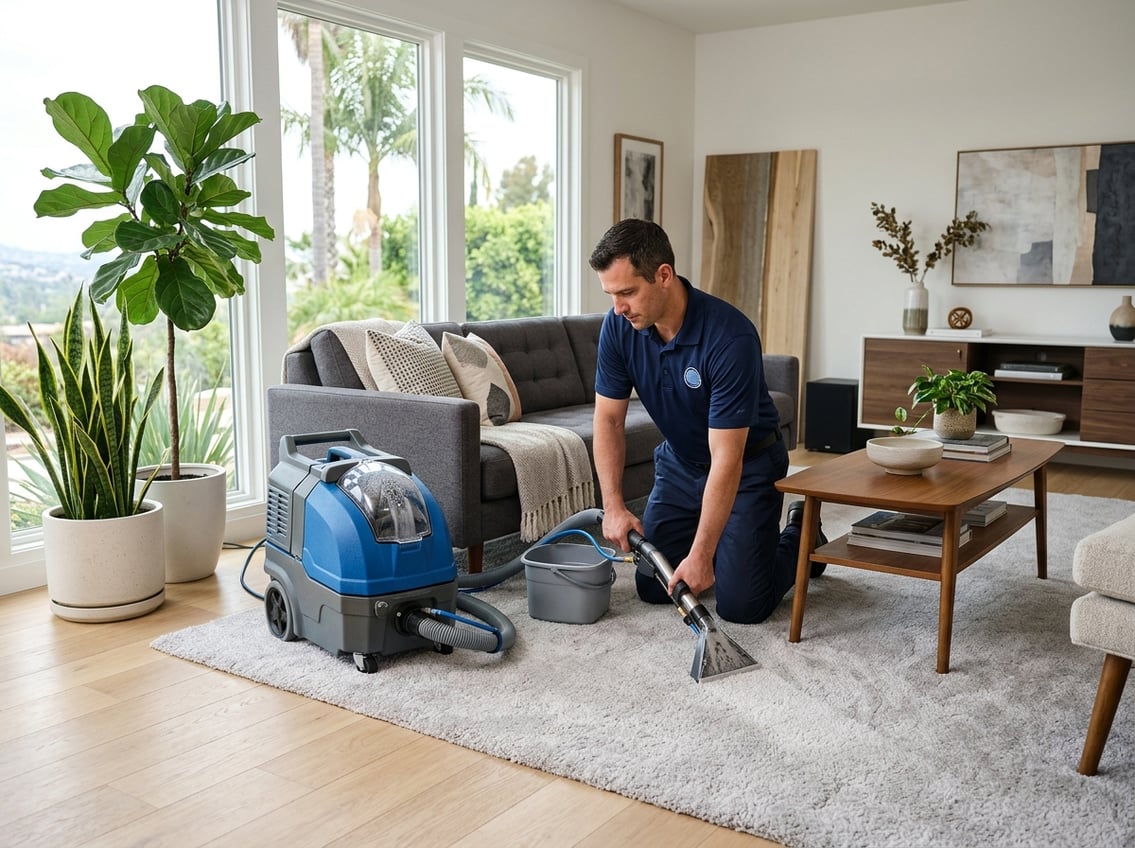 A technician cleaning a carpet in a bright, modern living room with natural light and contemporary furniture.