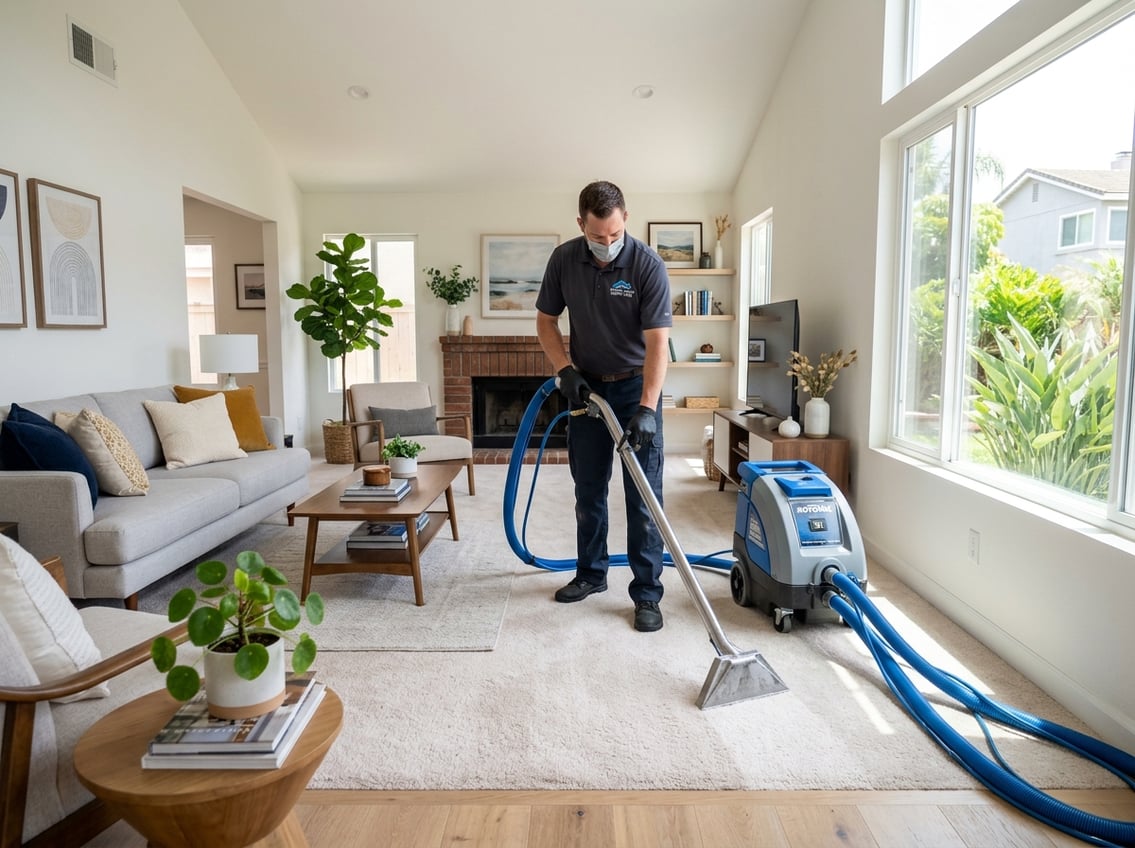 A professional carpet cleaner cleaning a carpet in a bright, modern living room with sunlight and plants.