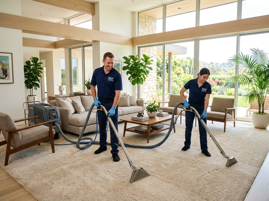 Two professional carpet cleaners working with machines on a large carpet in a bright, modern living room.
