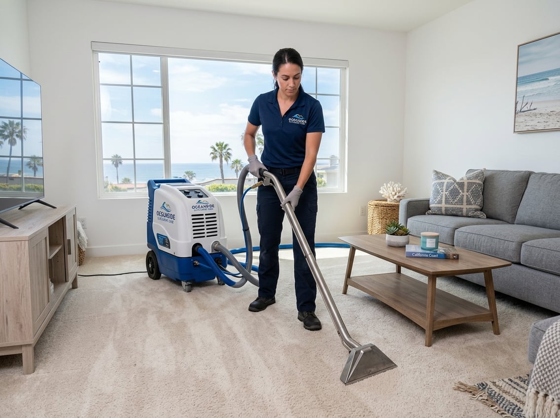 A carpet cleaning technician professionally cleaning a carpet in a bright living room with sunlight coming through large windows.