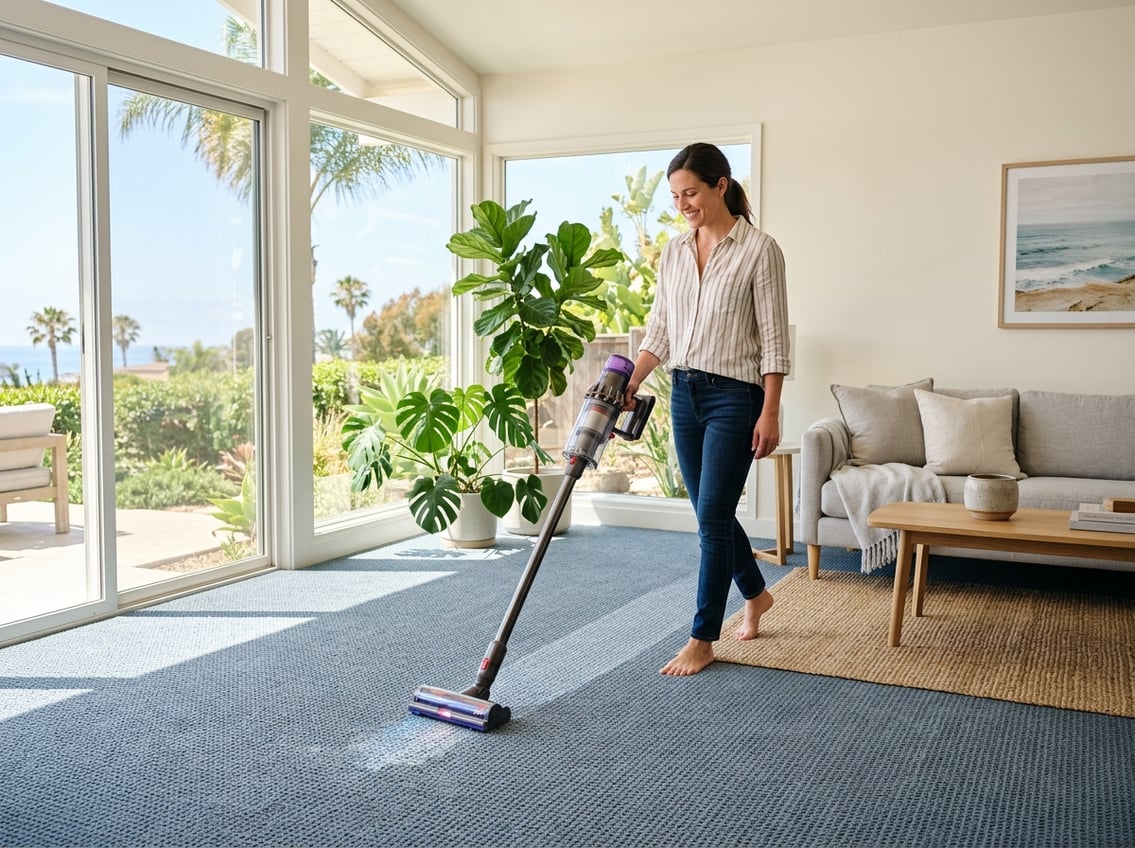 A person vacuuming a clean carpet in a bright living room with sunlight and plants.