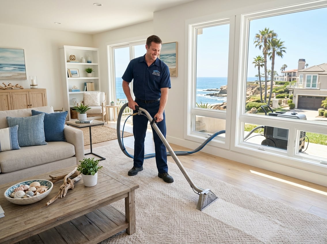 A carpet cleaner using a machine to clean a carpet in a bright living room with coastal decor and ocean view.