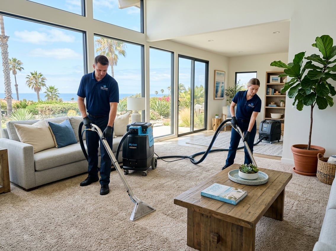 Two carpet cleaners cleaning a carpet in a bright living room with large windows showing a sunny coastal view.