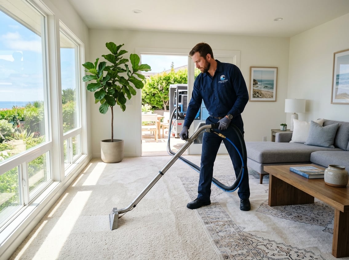A professional carpet cleaner using equipment to clean a carpet in a bright living room with large windows and home decor.