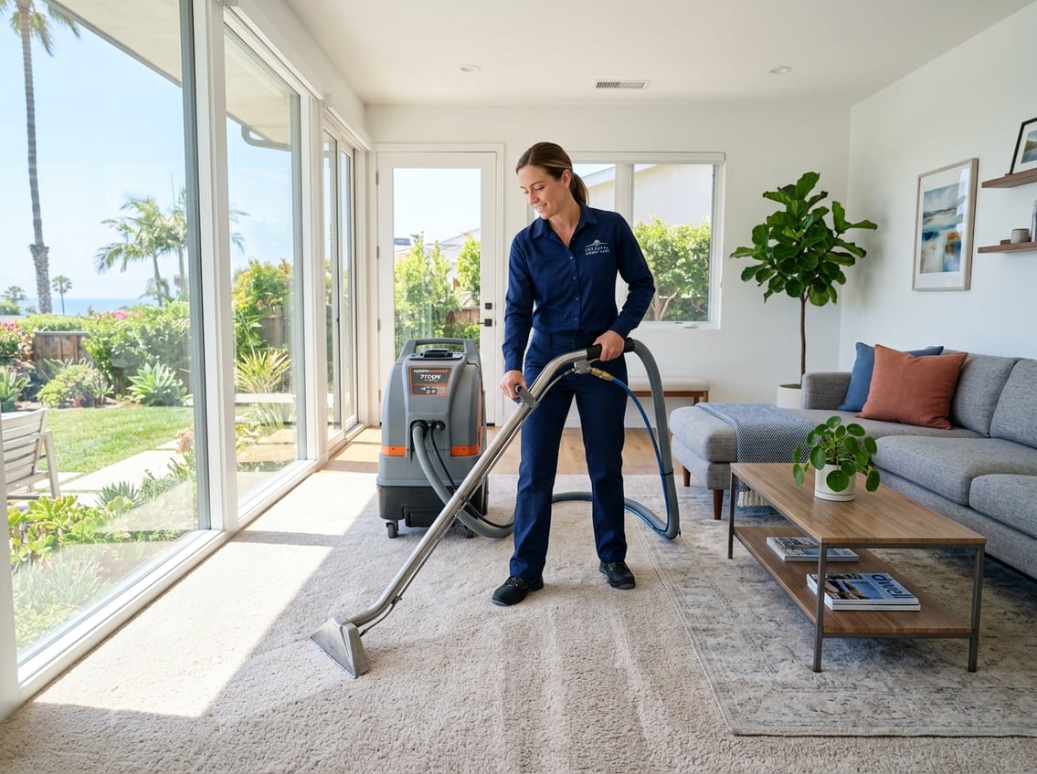 A technician professionally cleaning a carpet in a bright, modern living room with sunlight coming through large windows.