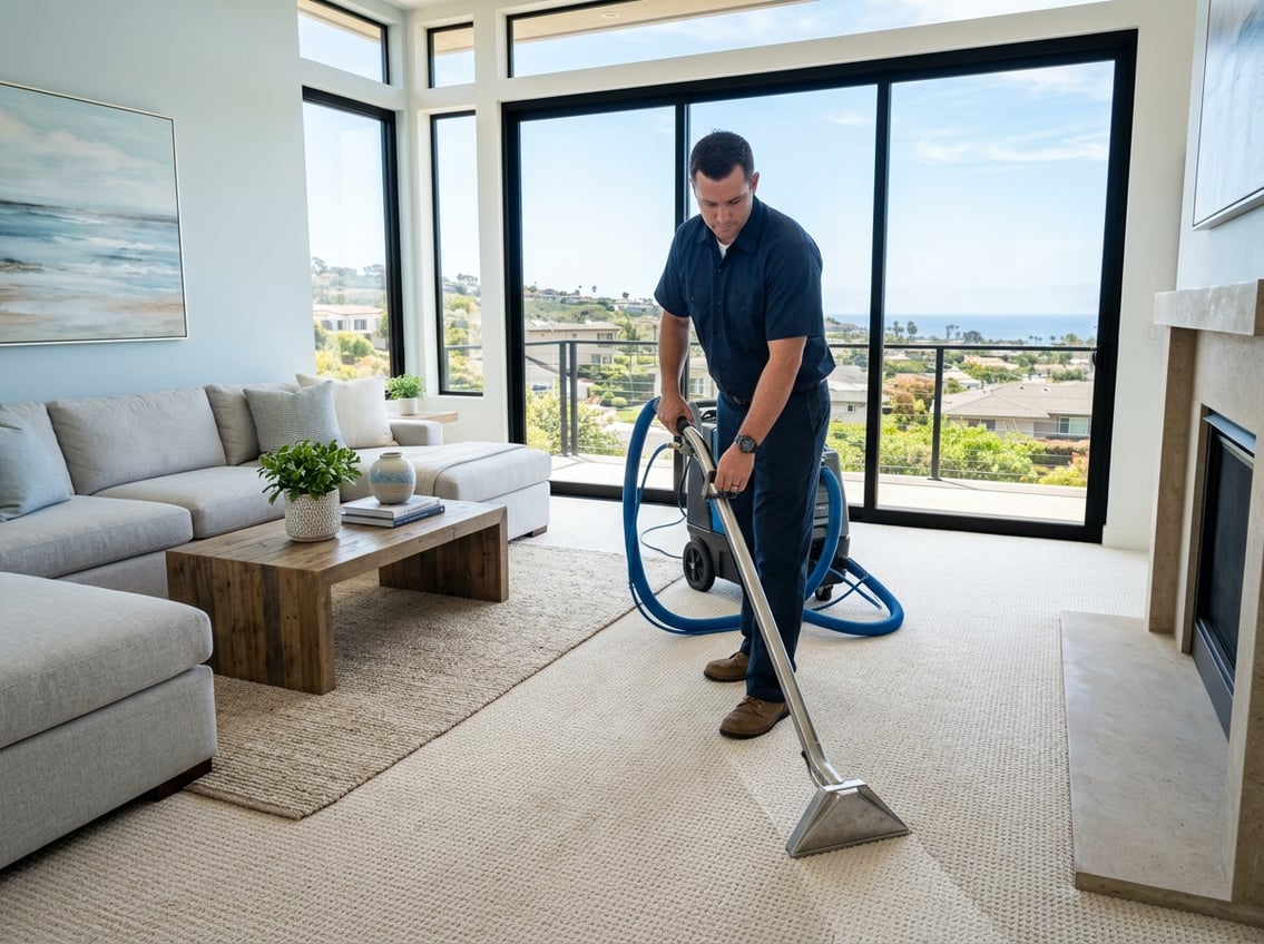 A professional carpet cleaner cleaning a carpet in a bright living room with large windows showing a coastal neighborhood outside.
