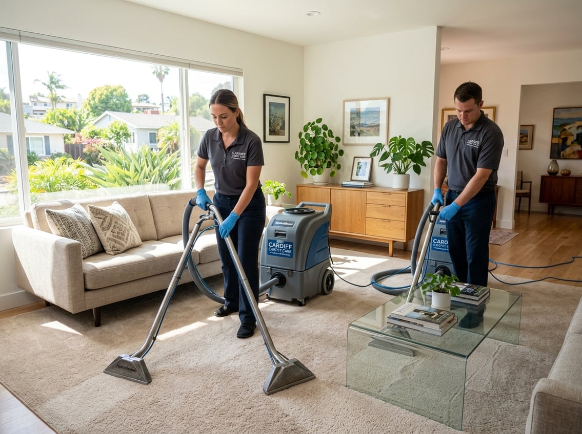 Two carpet cleaners using machines to clean a large carpet in a bright living room with modern furniture and sunlight coming through windows.