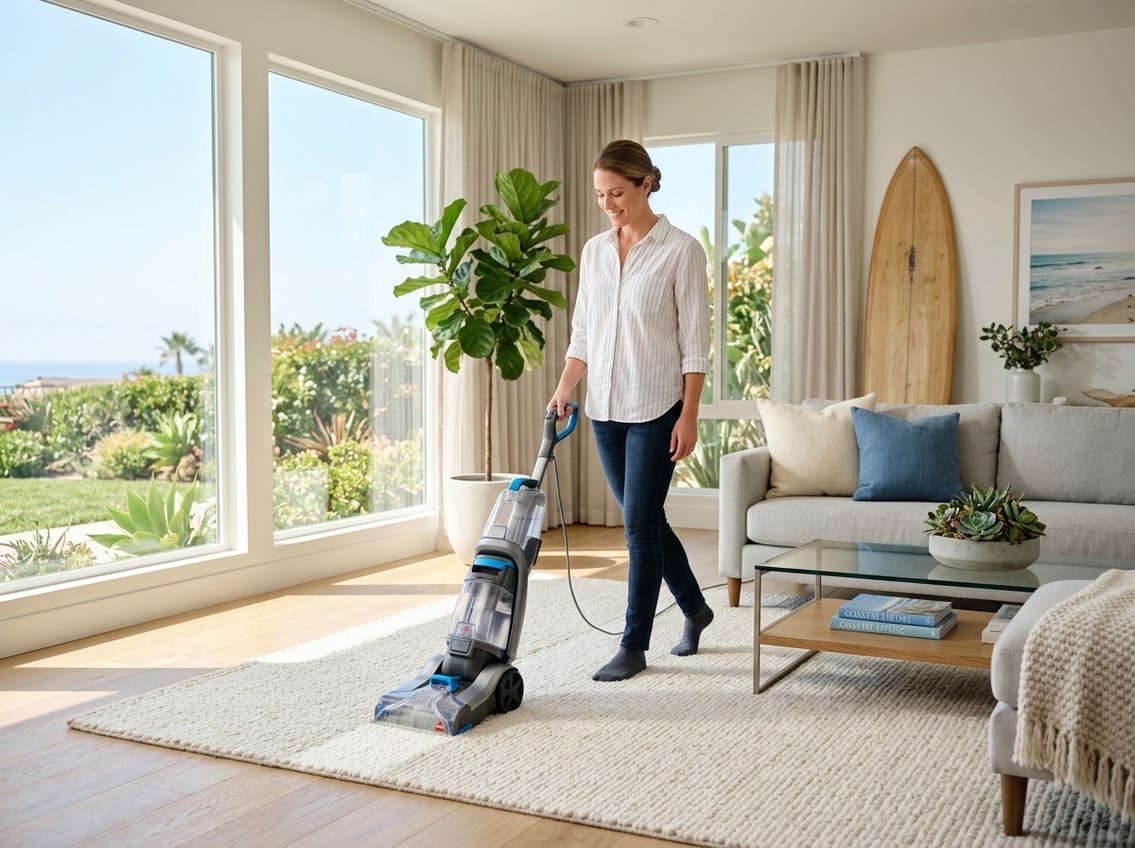 Person using a carpet cleaner on a light carpet in a bright living room with coastal decor.