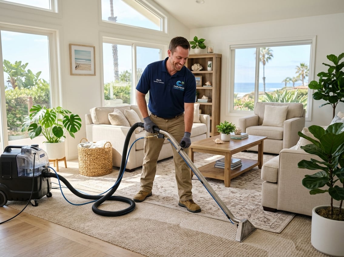 A carpet cleaning technician using a carpet cleaning machine in a bright living room with large windows and cozy furniture.