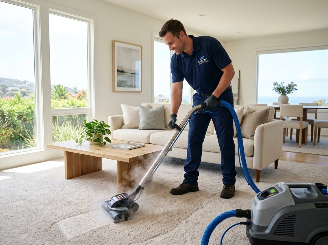 A carpet cleaner using a steam cleaning machine on a carpet in a bright, modern living room.