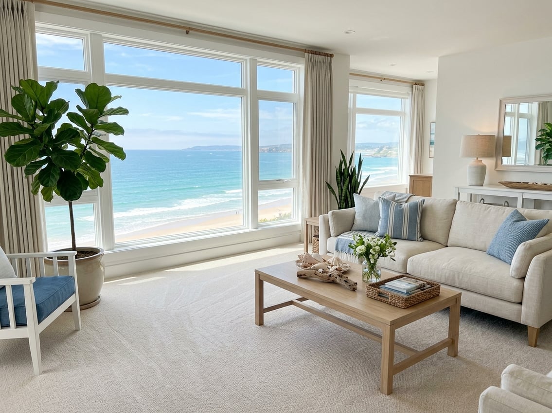 A clean and bright living room in a coastal home with large windows showing an ocean view and spotless light-colored carpets.