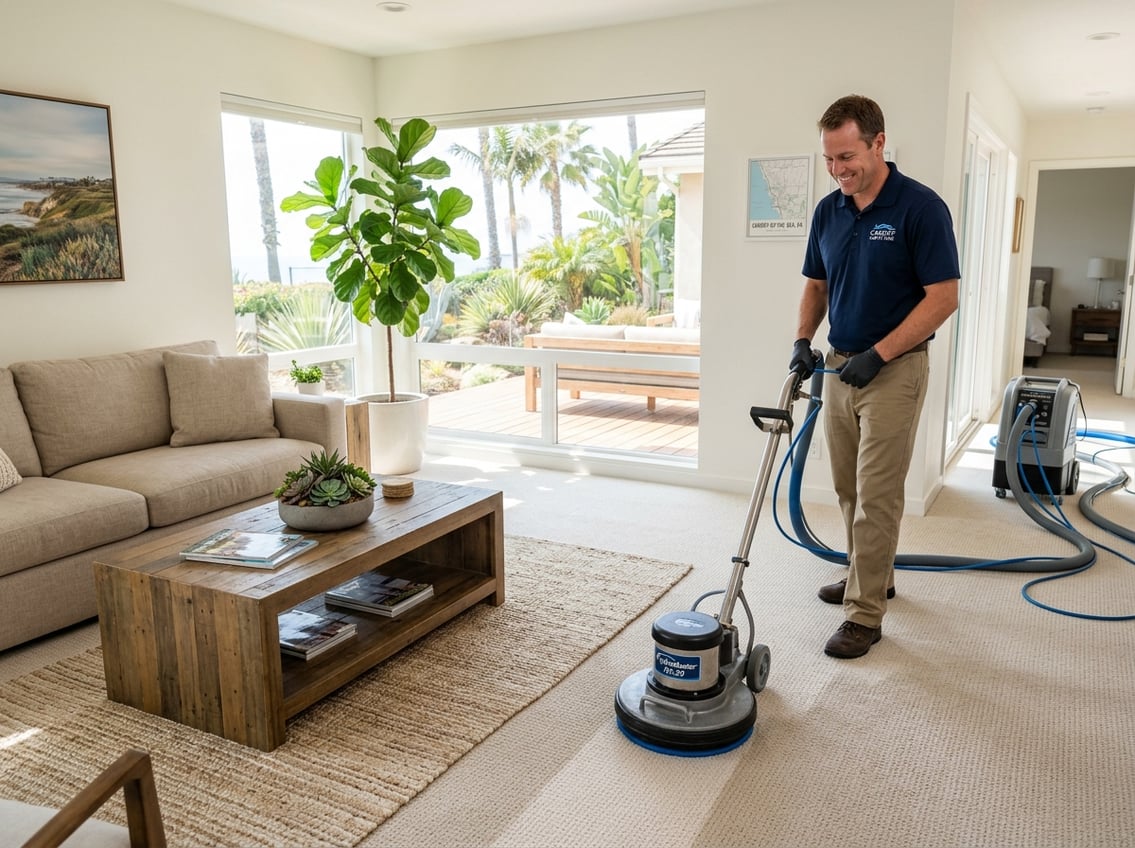 A professional carpet cleaner using a cleaning machine on a carpet in a bright living room with sunlight and modern furniture.