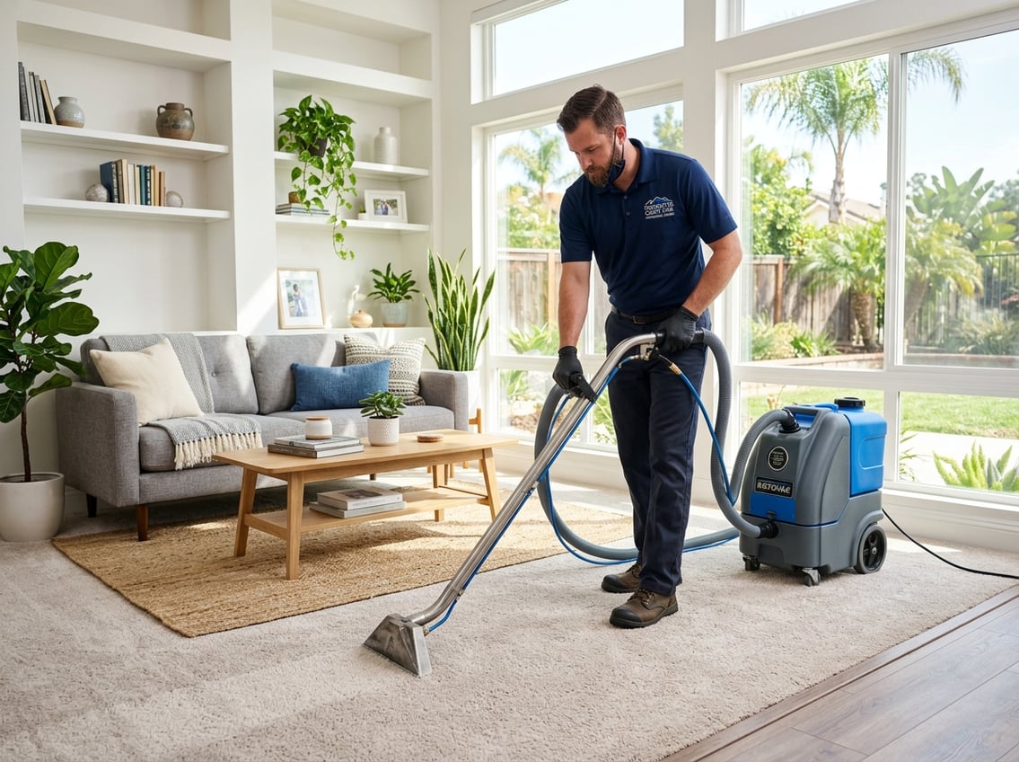 A carpet cleaner using a cleaning machine on a carpet in a bright, modern living room.