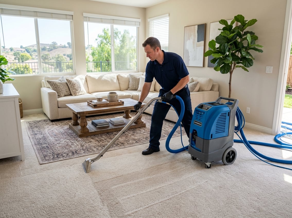 A professional carpet cleaner using a carpet cleaning machine on a clean carpet in a bright living room.