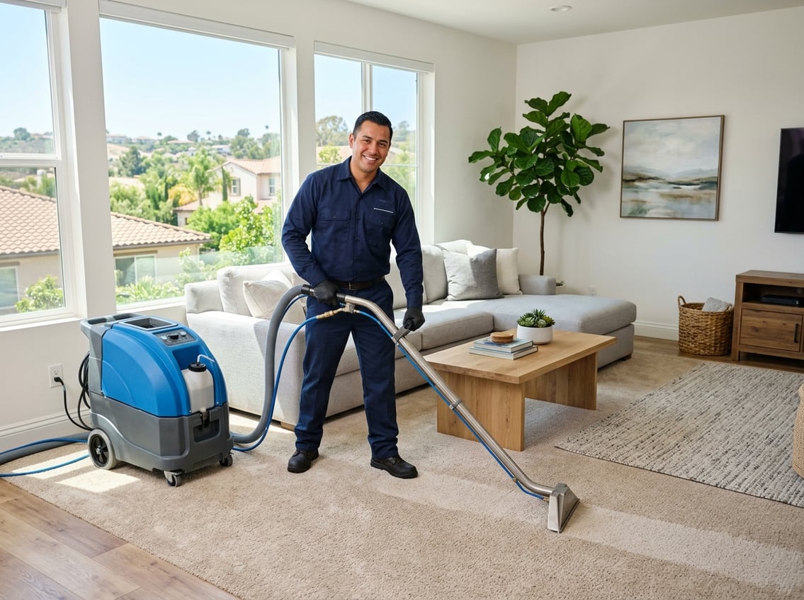 A carpet cleaner using a machine to clean a carpet in a bright living room with modern furniture and large windows.