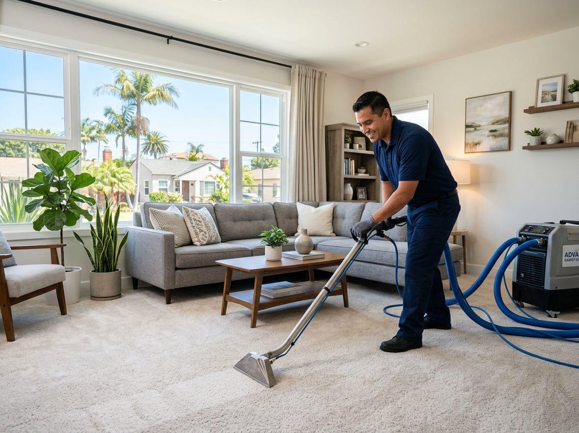 A carpet cleaner using professional equipment to clean a carpet in a bright living room with modern furniture and large windows.