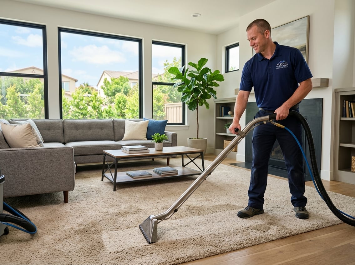 Best Carpet Cleaners in 4S Ranch, California: Professional Services for Deep Cleaning and Stain Removal 1 A carpet cleaner using a cleaning machine on a beige carpet in a bright living room with modern furniture and plants.
