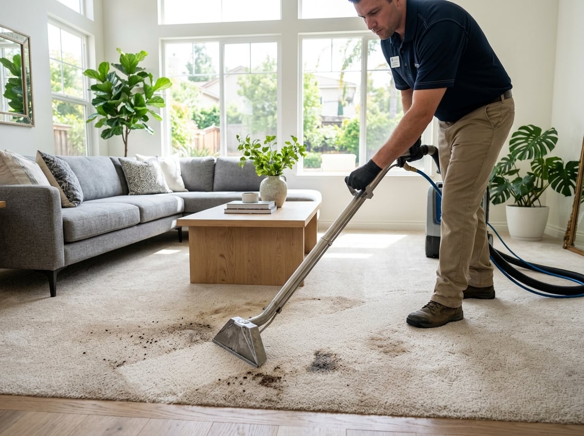 Best Carpet Cleaners in 4S Ranch, California: Professional Services for Deep Cleaning and Stain Removal 10 A carpet cleaner using professional equipment to clean a stained carpet in a bright living room.