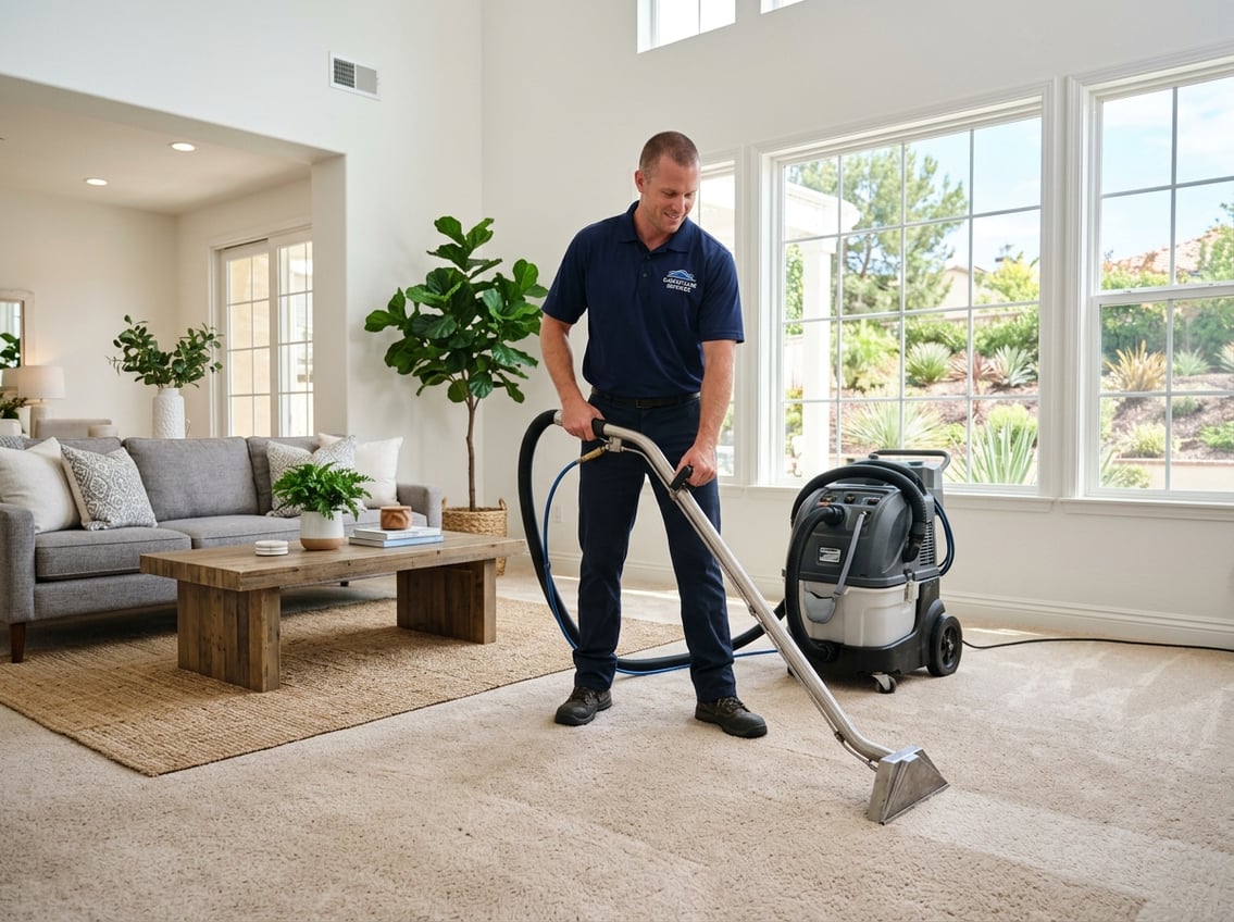 Best Carpet Cleaners in 4S Ranch, California: Professional Services for Deep Cleaning and Stain Removal 11 A carpet cleaning professional using a carpet cleaning machine in a bright living room with a clean carpet and modern furniture.