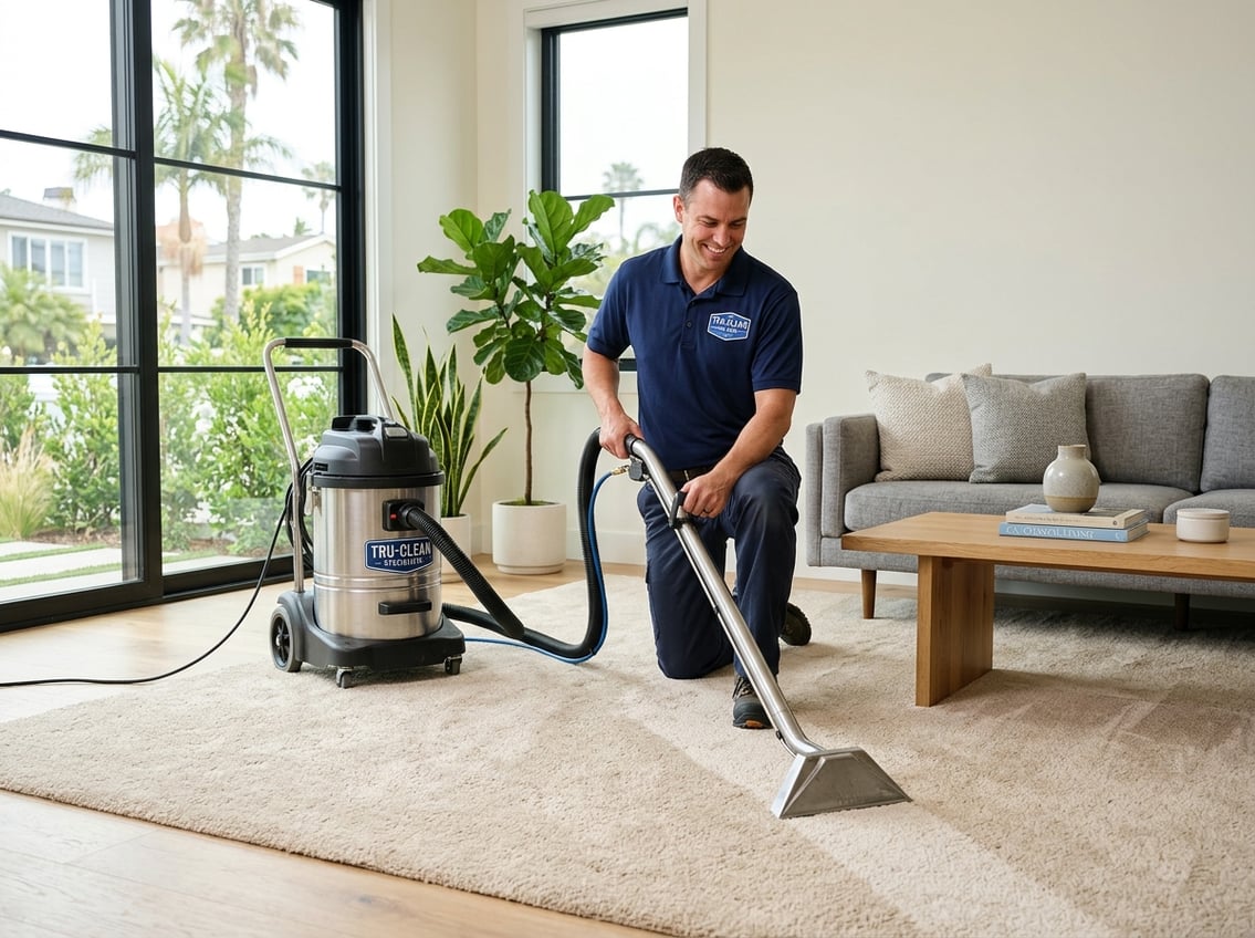 A carpet cleaner in uniform cleaning a beige carpet in a bright, modern living room with a sofa and plants.