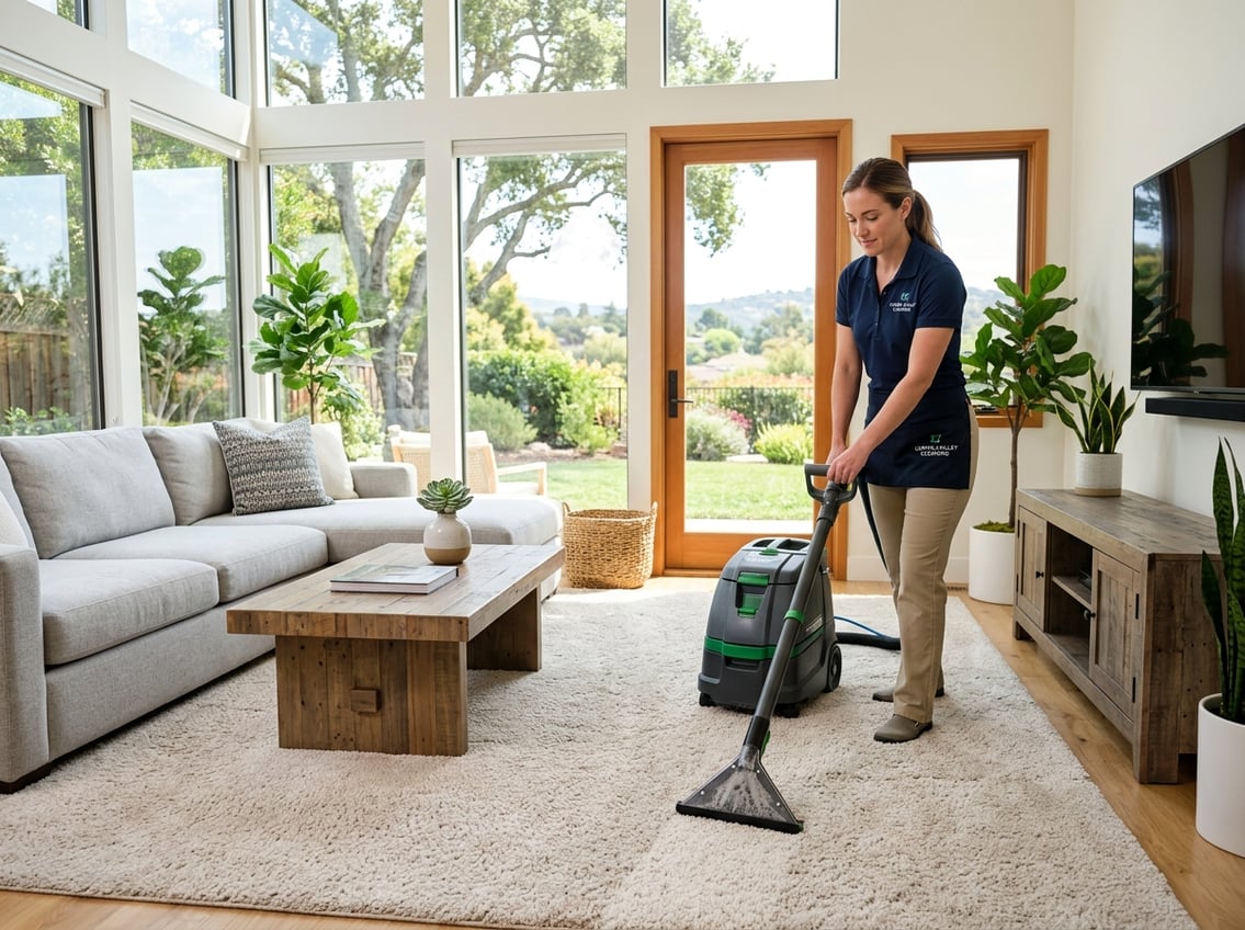 Person cleaning a carpet in a bright living room with large windows and modern furniture.