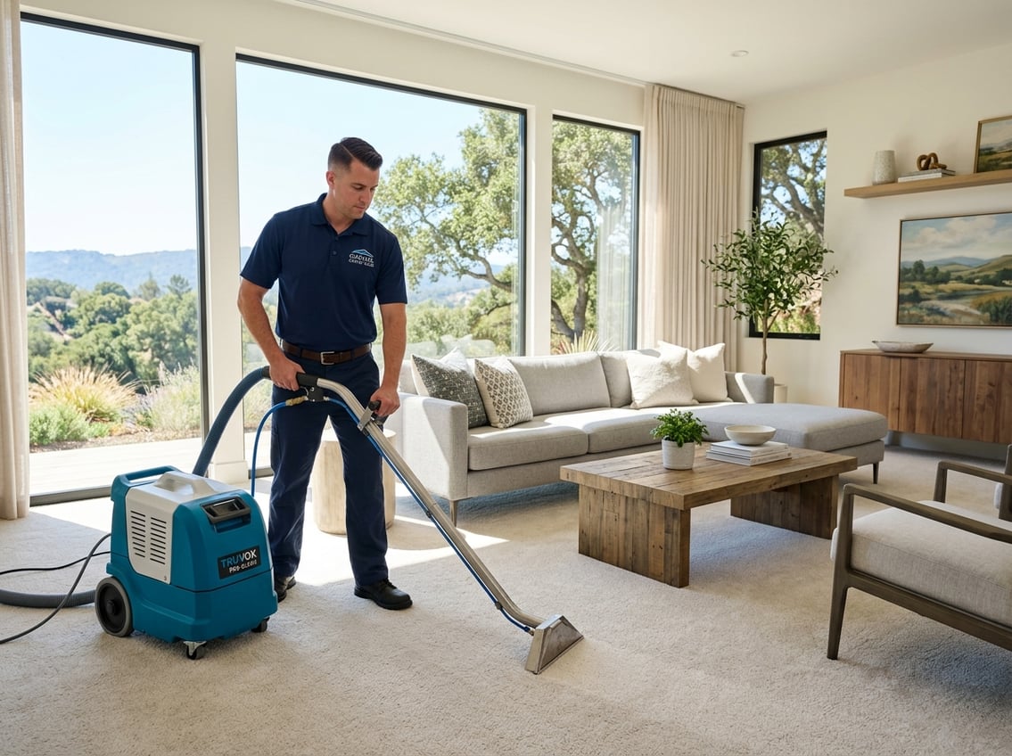 A professional carpet cleaner using a machine to clean a spotless carpet in a bright living room with large windows showing a scenic outdoor view.