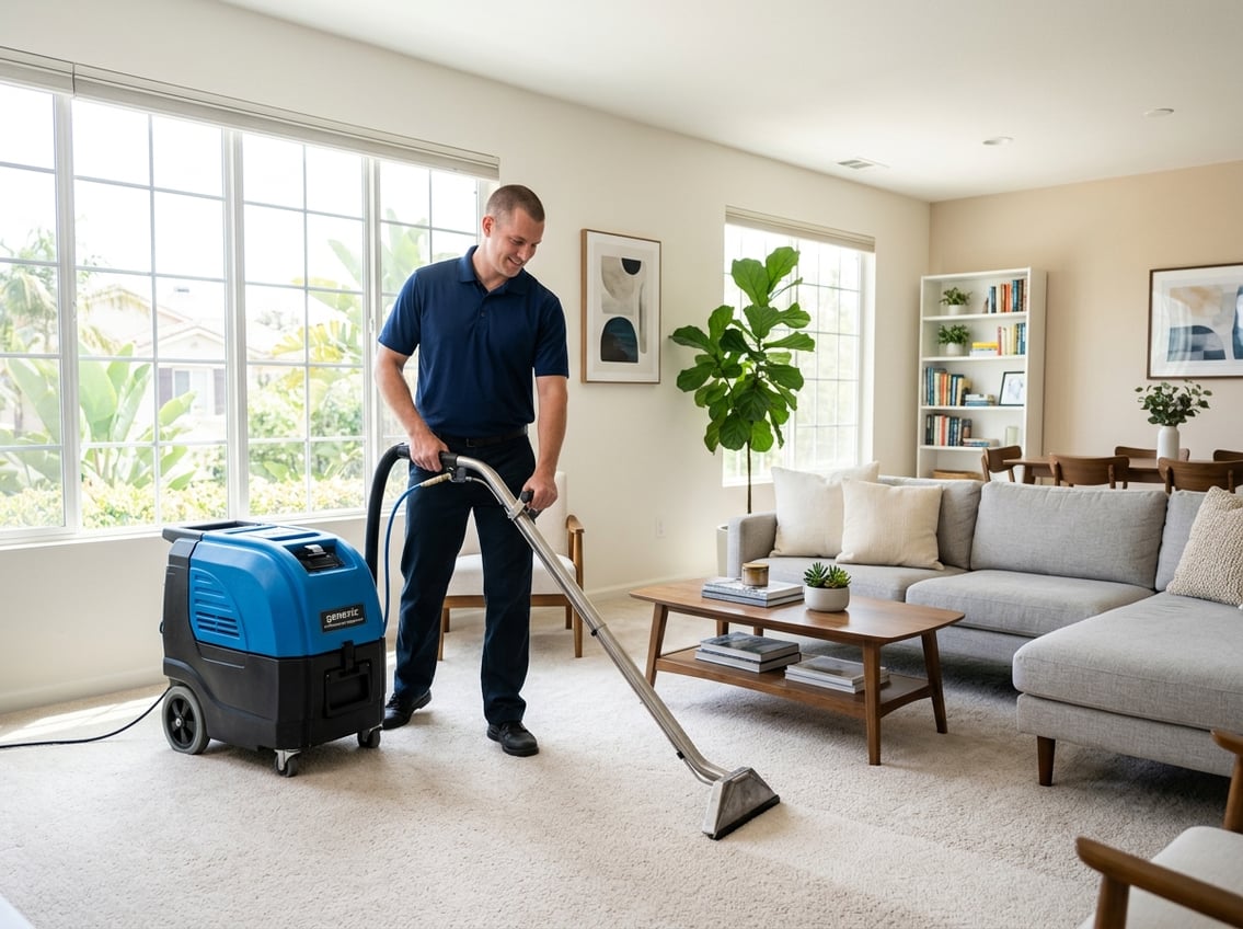 A carpet cleaner using a machine to clean a carpet in a bright living room with modern furniture and large windows.