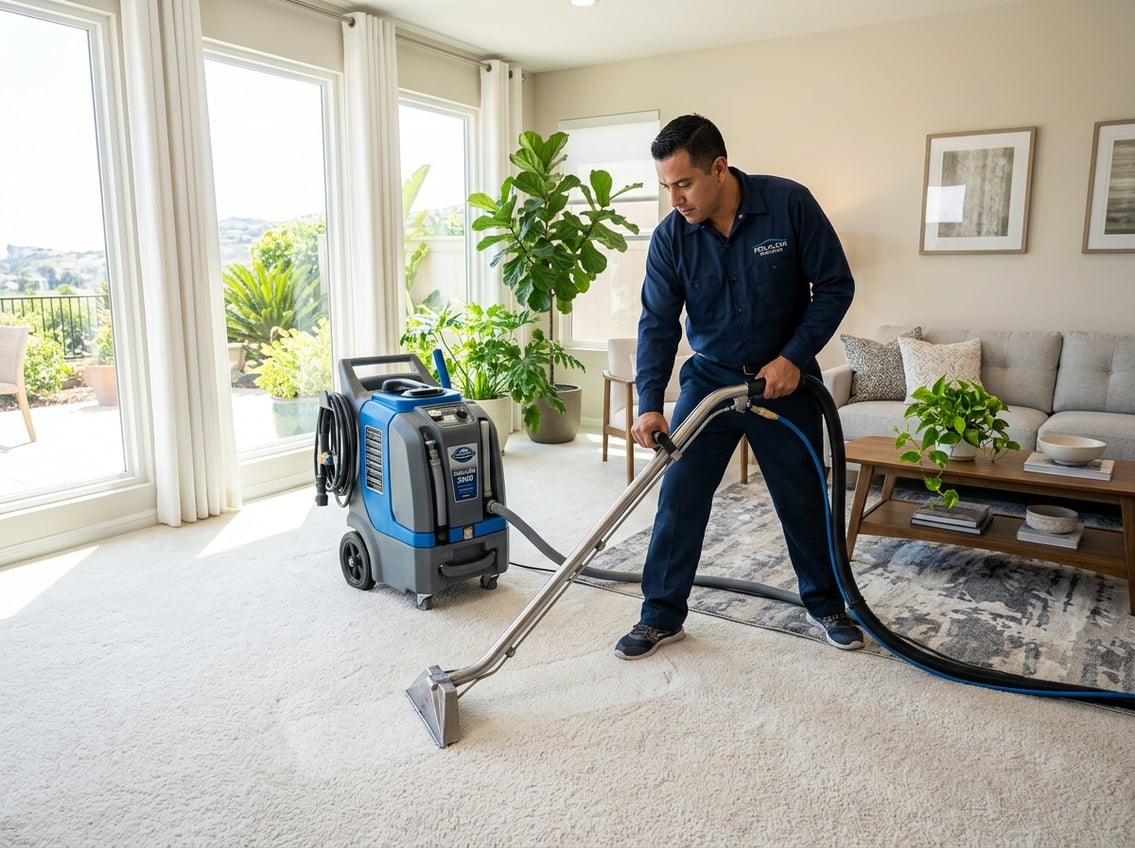 A carpet cleaning professional cleaning a carpet in a bright, modern living room.