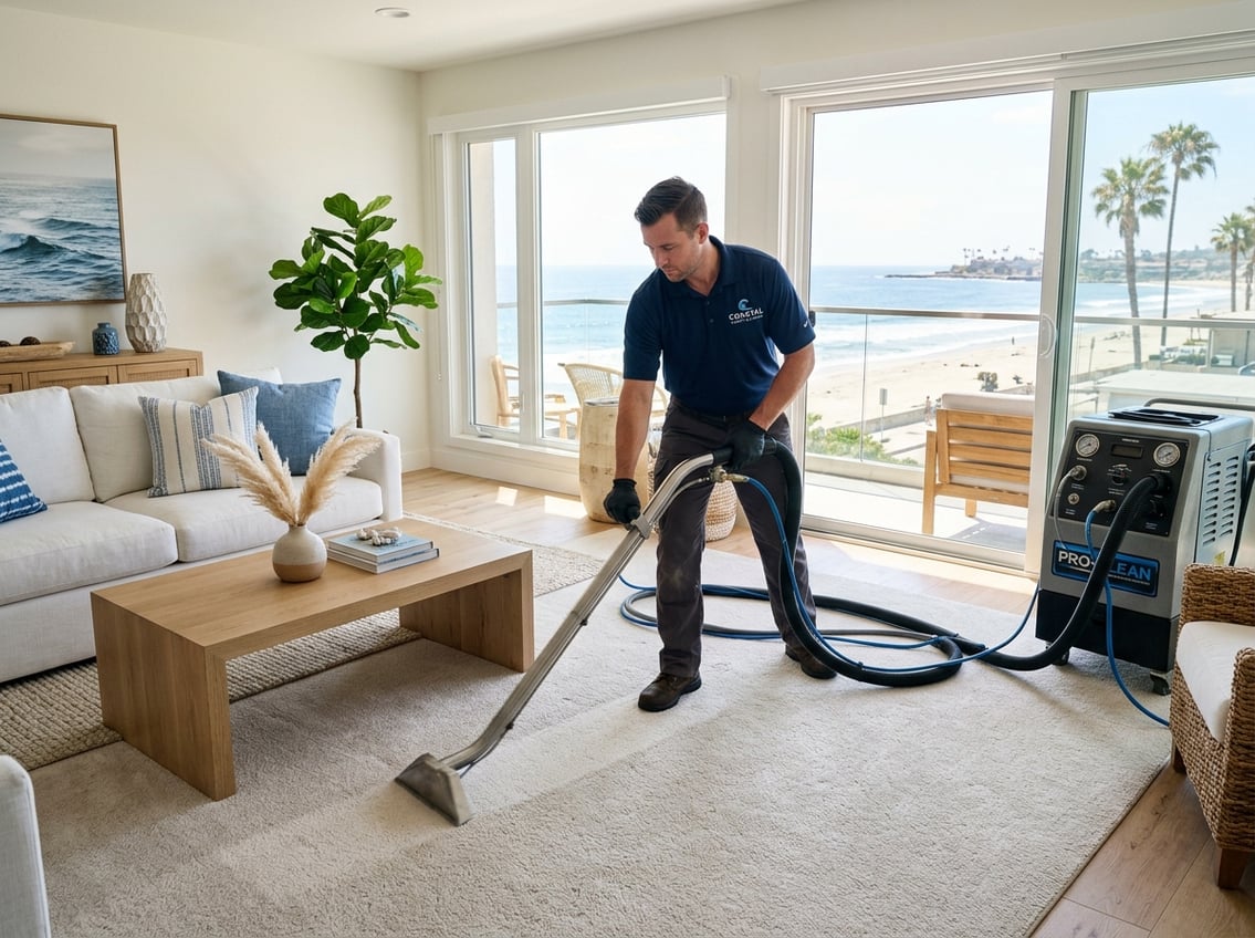 Best Carpet Cleaners in Pacific Beach, California: Top-Rated Services for Deep Cleaning and Stain Removal 13 A technician professionally cleaning a carpet in a bright living room with a beach view through the window.