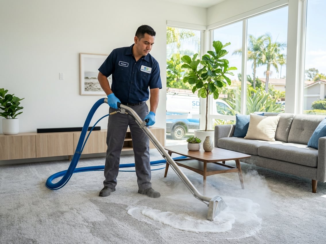 A carpet cleaner using a machine to clean a carpet in a bright, modern living room.
