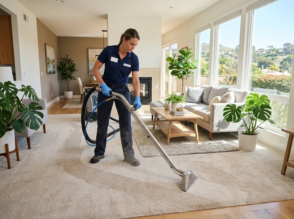 A professional cleaner uses carpet cleaning equipment on a light carpet in a bright, modern living room.
