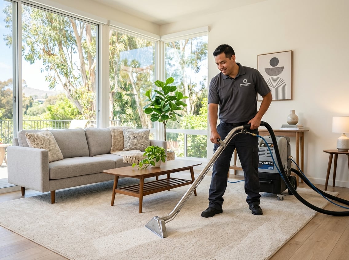 A professional cleaner vacuuming a carpet in a bright and tidy living room with modern furniture and large windows.