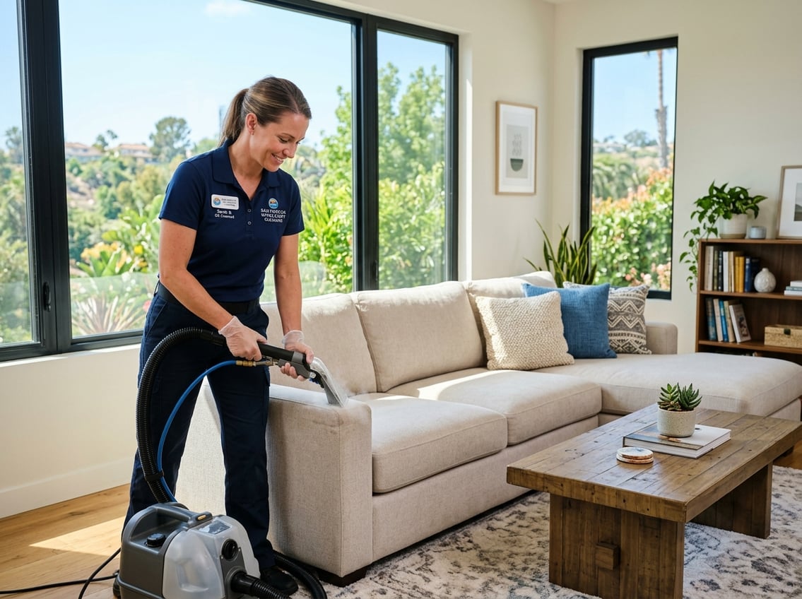 Best Upholstery Cleaners in San Marcos, CA: Top 4 Professional Services for 2026 1 A cleaner using an upholstery cleaning machine on a sofa in a bright living room with large windows and home decor.