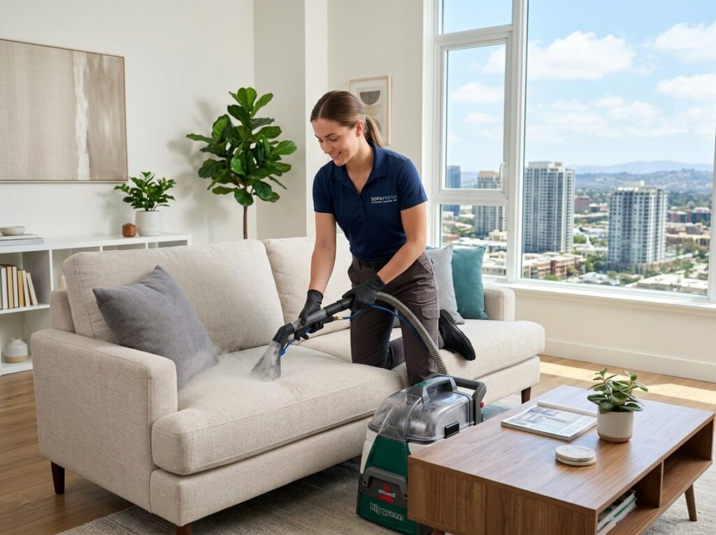 A professional cleaner cleaning a sofa with a machine in a bright living room with large windows and plants.
