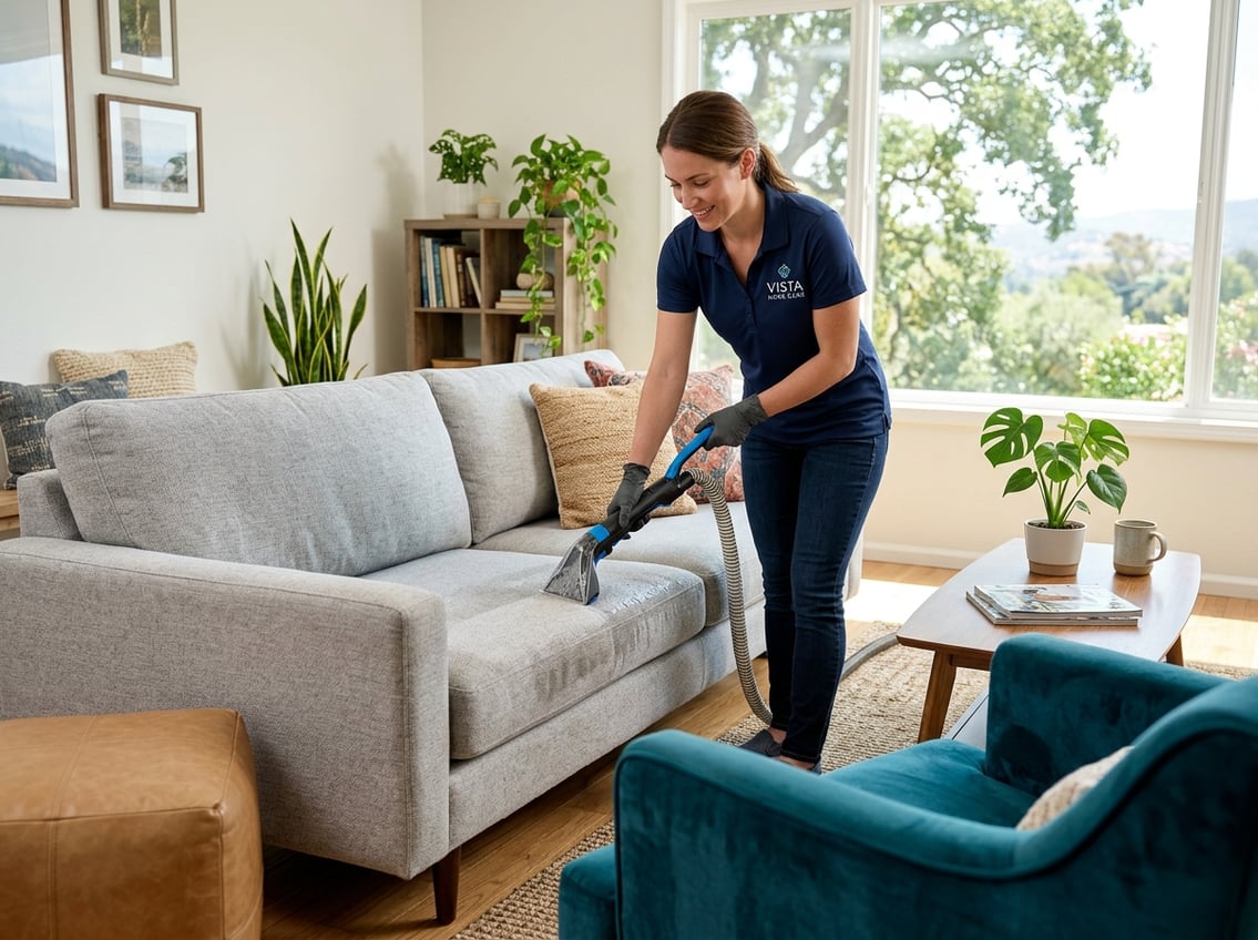 A person cleaning a sofa upholstery in a bright living room with various fabric textures and home decor.