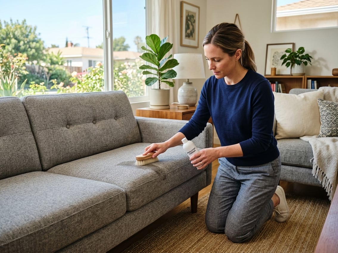 A person cleaning a sofa upholstery with a brush in a bright, modern living room.