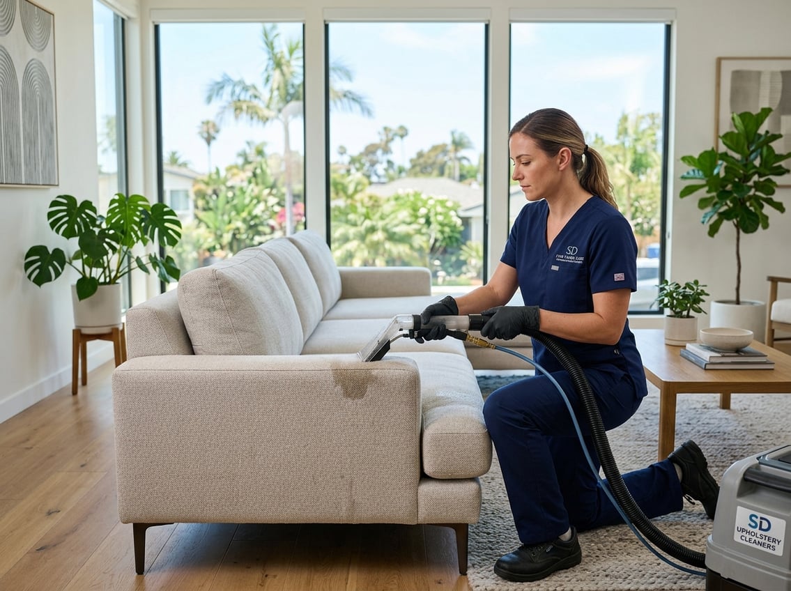 A cleaner using upholstery cleaning equipment on a sofa in a bright living room.