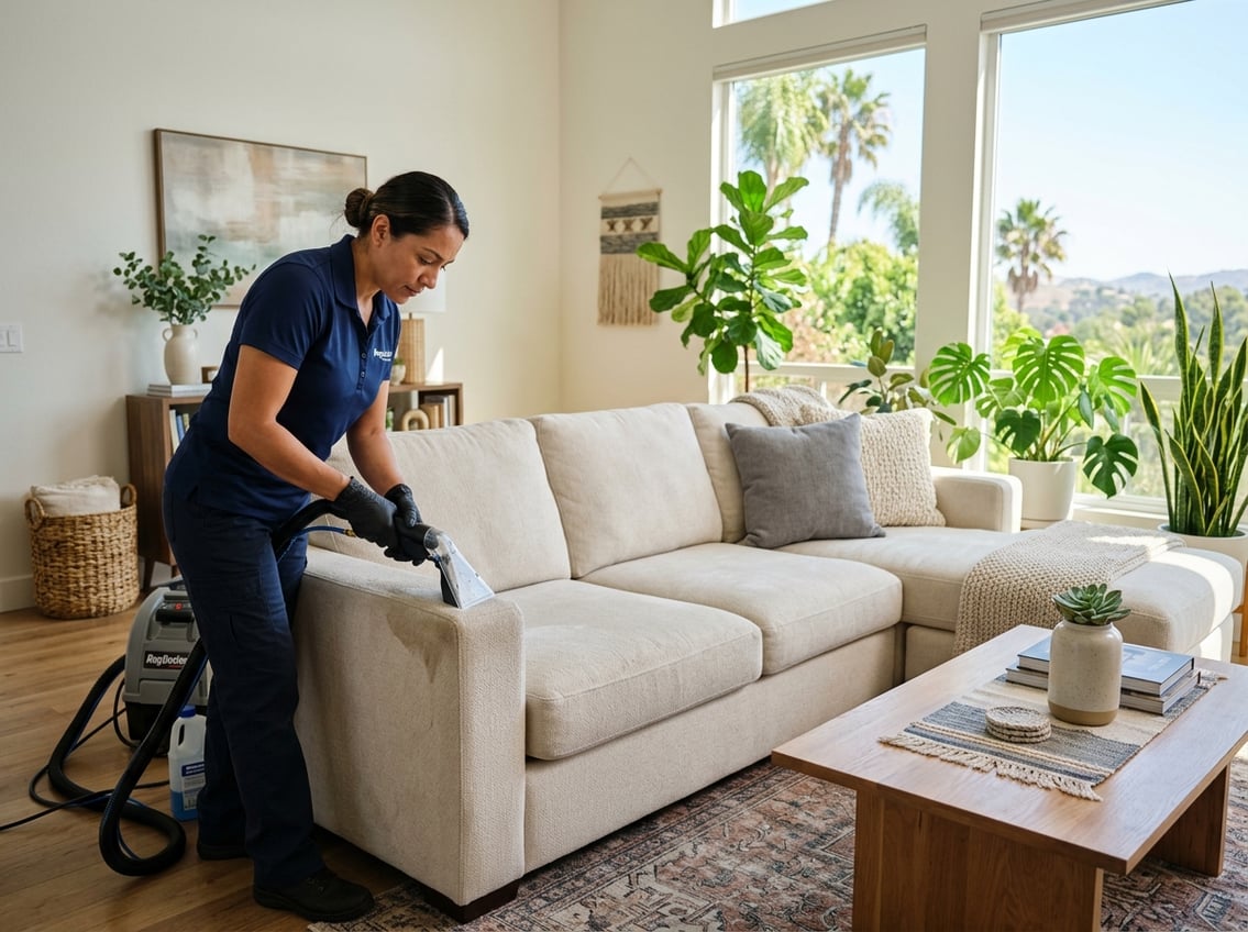 A person cleaning a sofa with professional equipment in a bright living room.