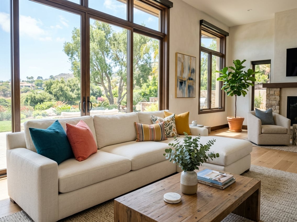 A bright living room with a clean upholstered sofa, cushions, plants, and a coffee table in a sunny home.
