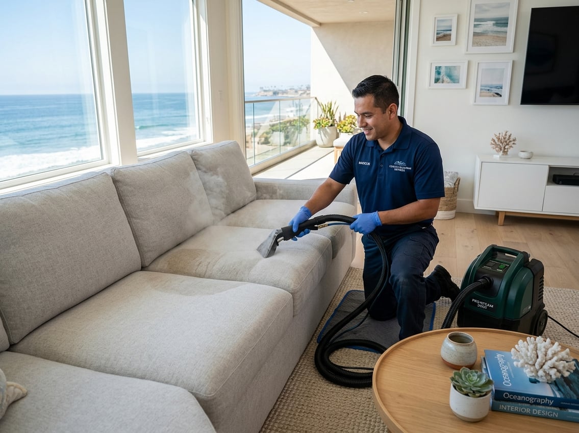 A person cleaning a sofa with a steam cleaner in a bright living room with coastal decor.
