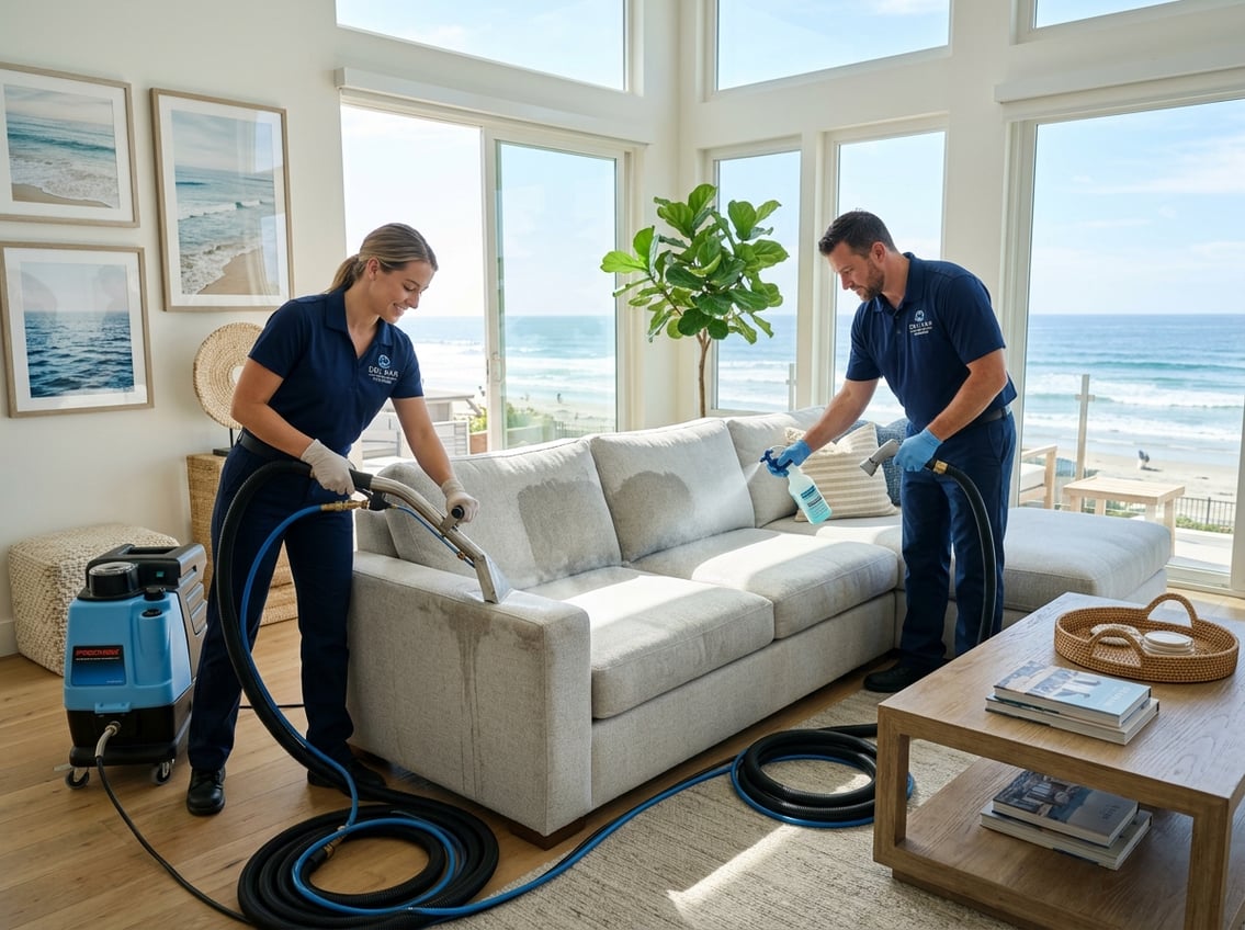 Two professional upholstery cleaners cleaning a sofa in a bright living room with coastal decor.
