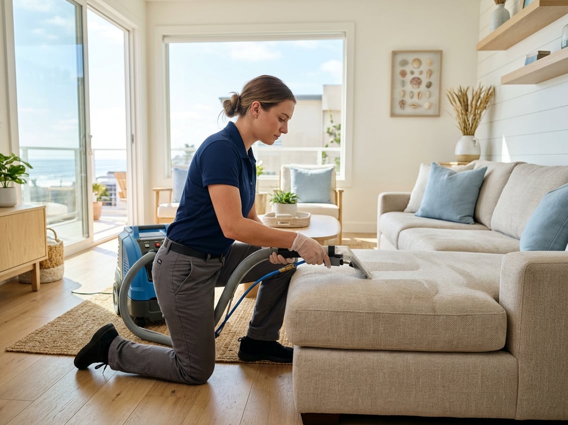 A person cleaning a sofa with an upholstery cleaning machine in a bright living room with coastal decor.