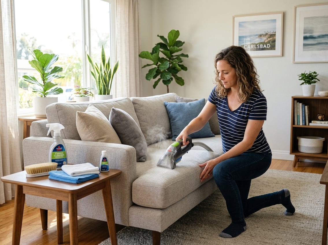 Person cleaning a sofa upholstery with cleaning tools in a bright living room.